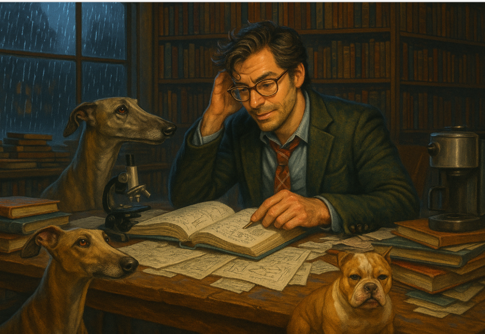 Montgomery studying at his desk surrounded by books and loyal greyhounds